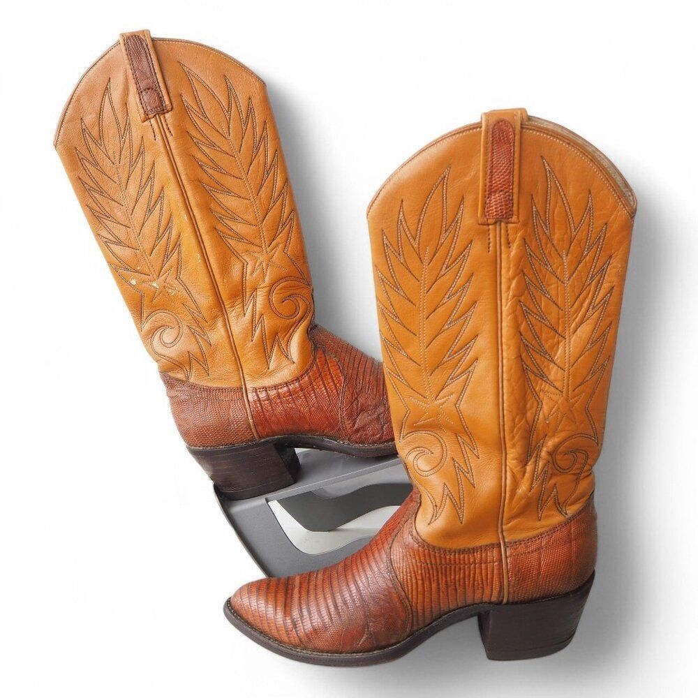 Dan Post Vintage Teju Lizard‎ Western Cowboy Cowgirl Boots Peanut Brown Women 7C